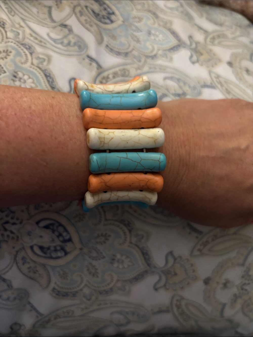 Turquoise, Orange & Cream Stretch Beaded Bracelet